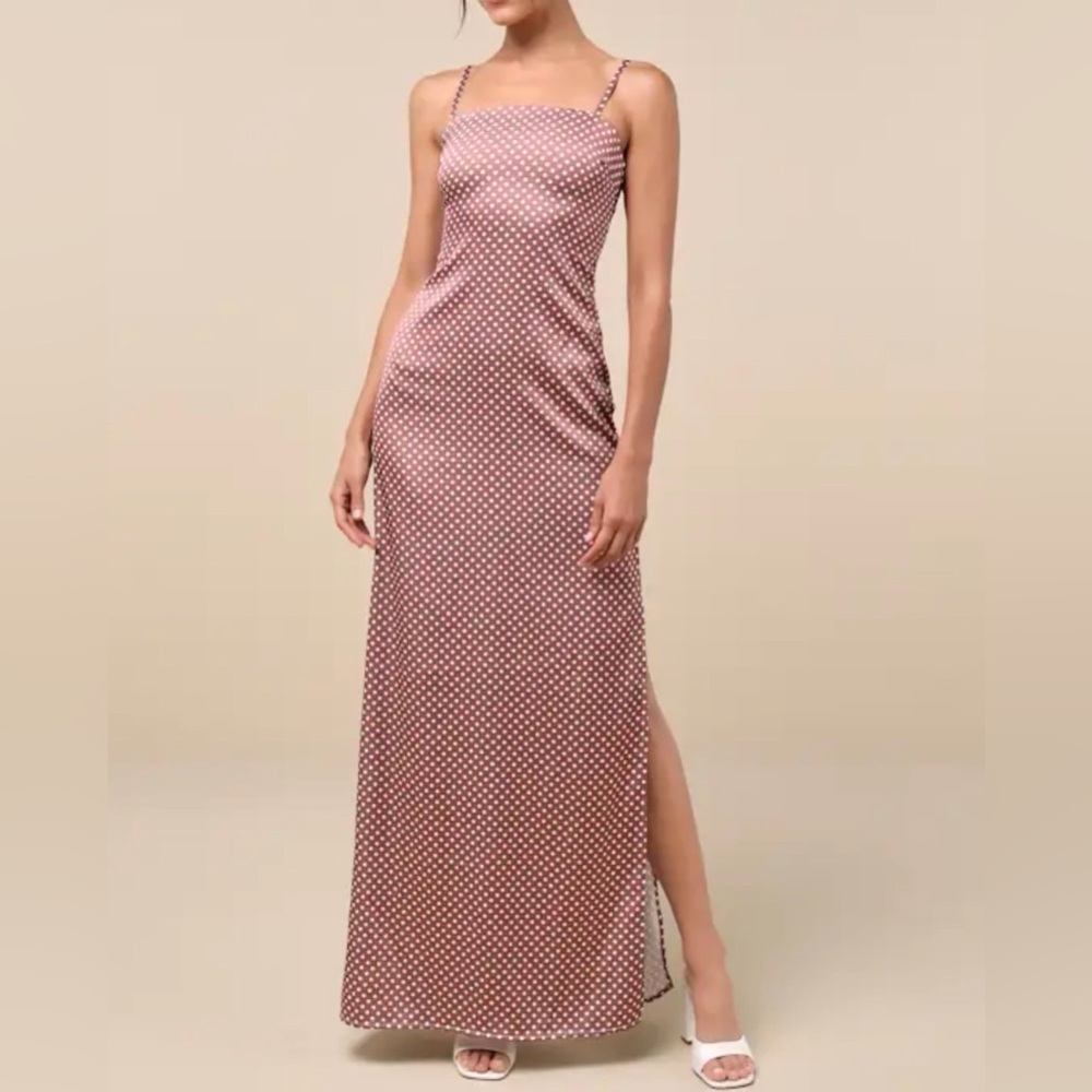 Lulus Prettiest Charm Brown Polka Dot Satin Lace-Up Maxi Dress sz XL NEW w/ tags